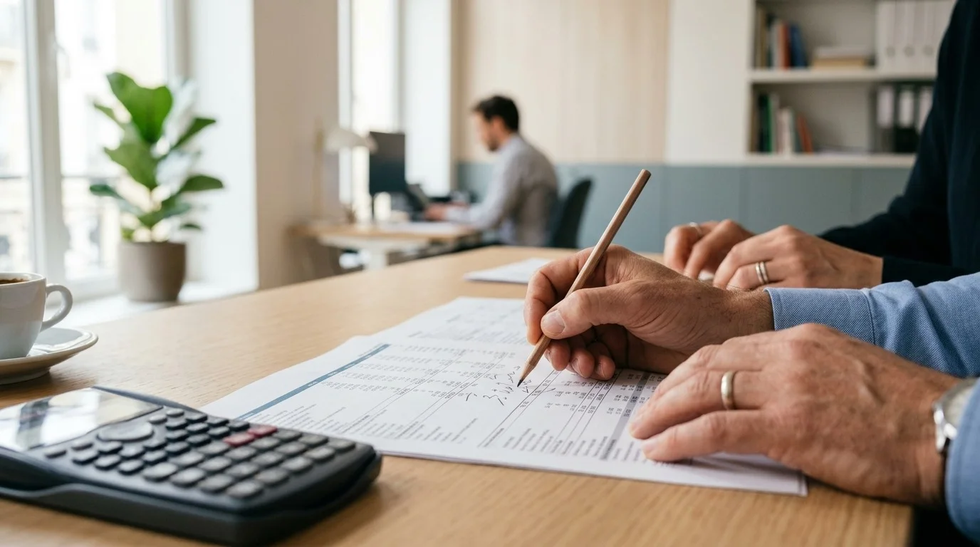Préparation d’un budget : annotation d’un tableau financier imprimé, calculatrice à portée