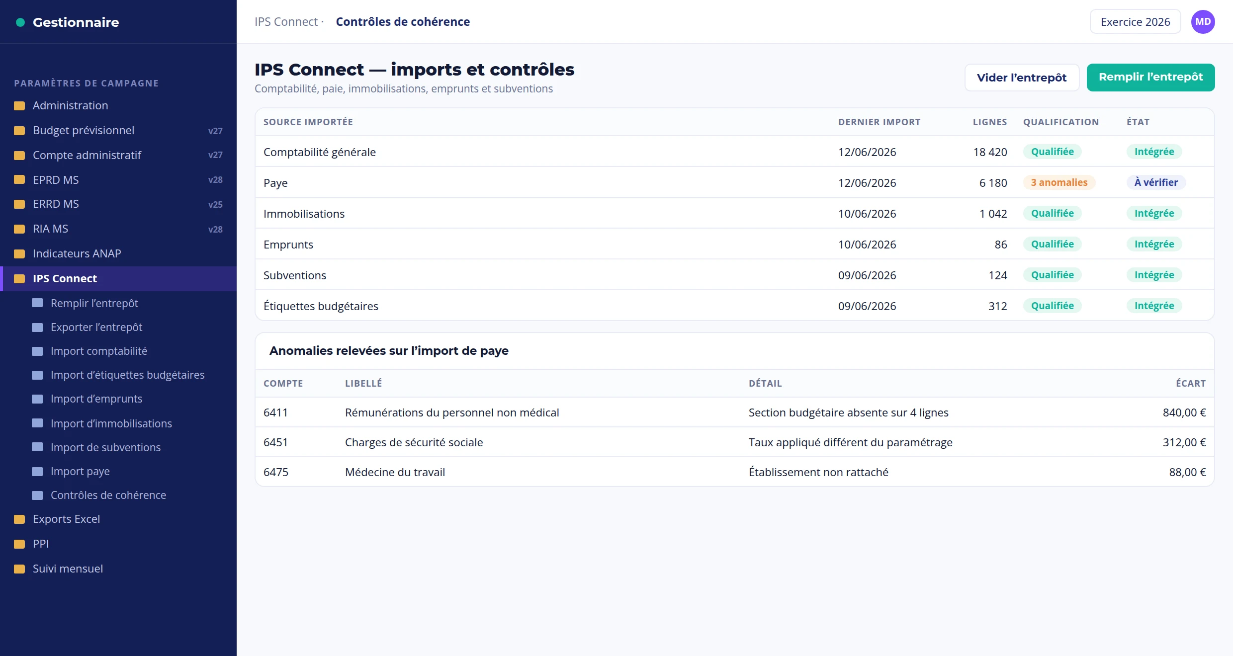 IPS Connect : imports comptabilité, paye, immobilisations et contrôles de qualification